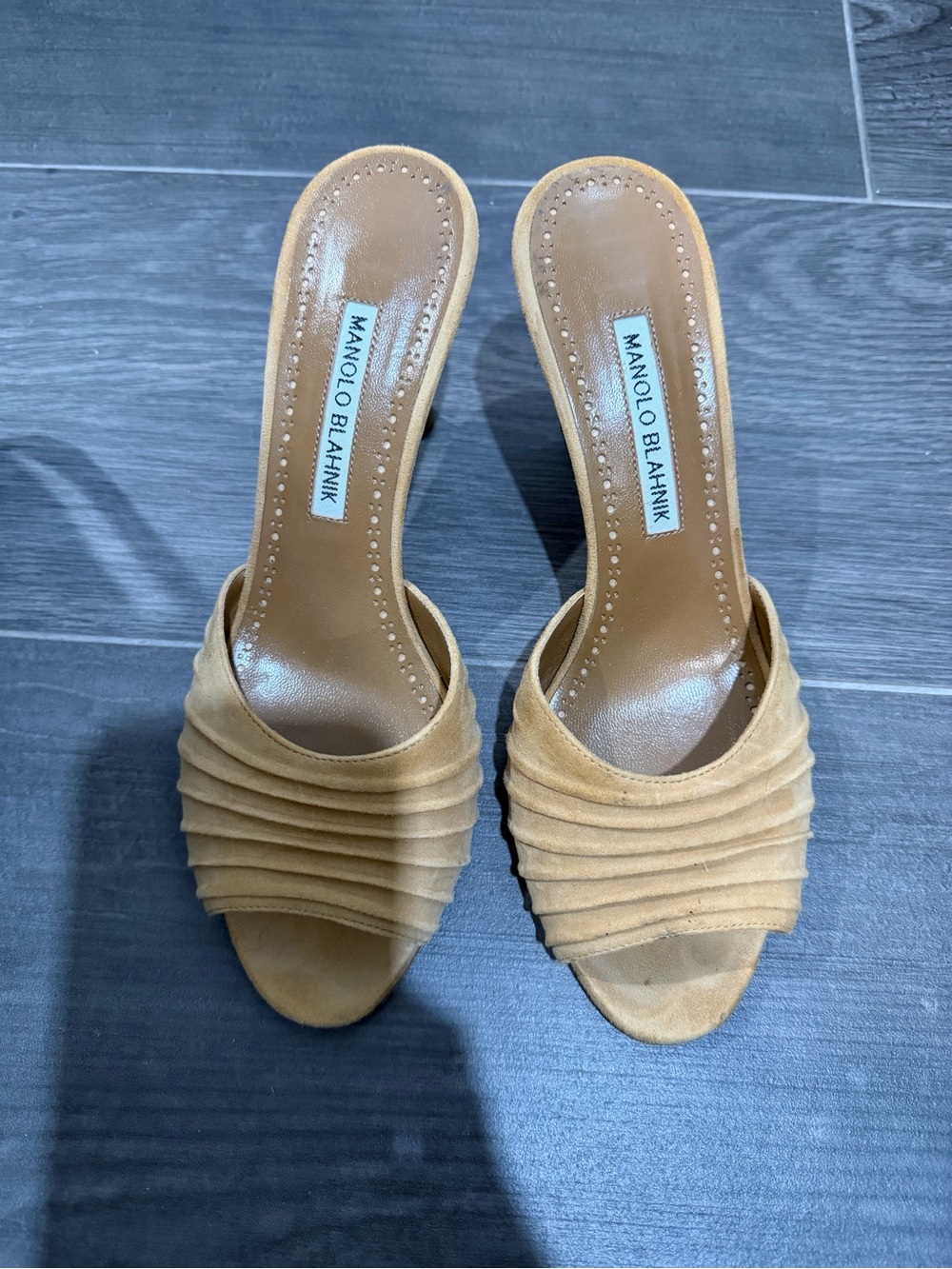Manolo Blahnik Tan Suede Slide Sandals